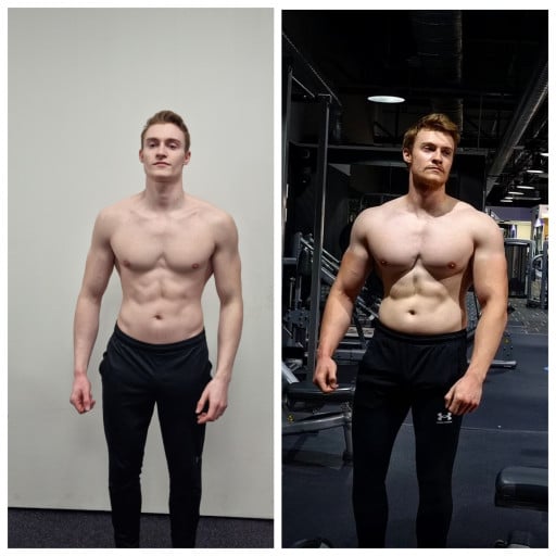 A before and after photo of a 5'11" male showing a weight bulk from 178 pounds to 194 pounds. A total gain of 16 pounds.