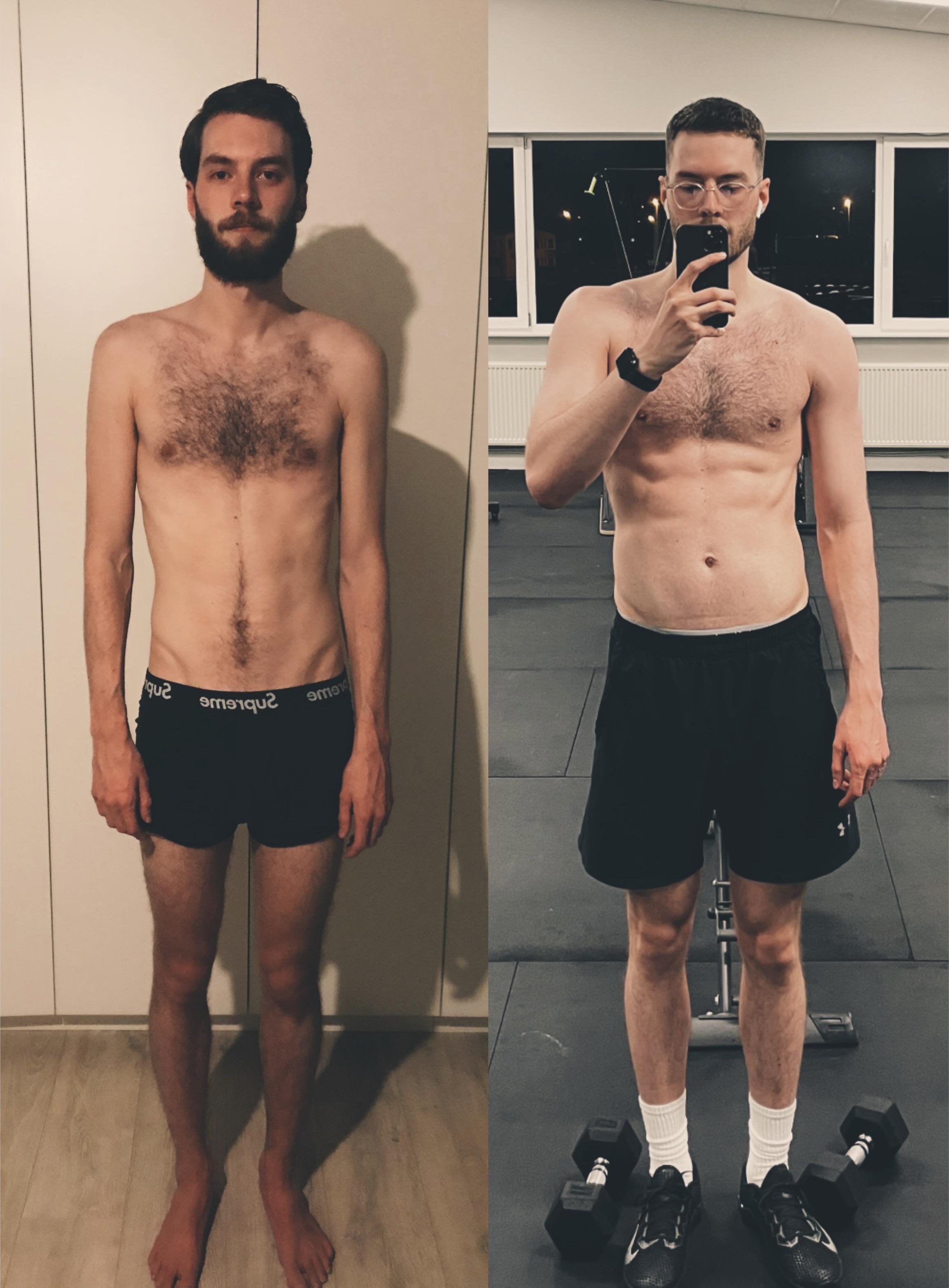 Before and After 43 lbs Weight Gain 6 feet 5 Male 154 lbs to 197 lbs