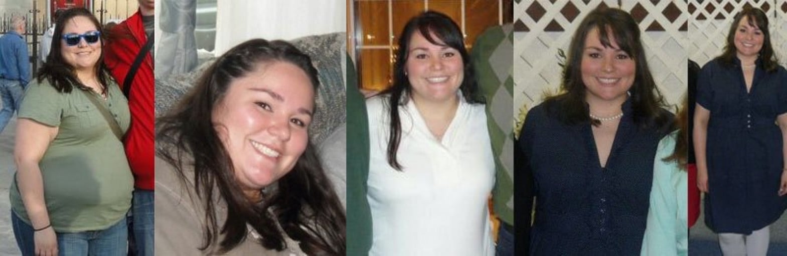 A before and after photo of a 5'3" female showing a weight reduction from 265 pounds to 195 pounds. A total loss of 70 pounds.