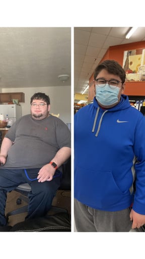 A photo of a 5'8" man showing a weight cut from 410 pounds to 299 pounds. A net loss of 111 pounds.