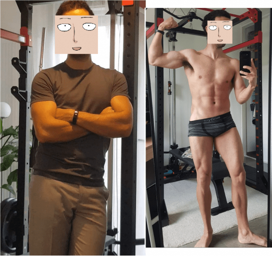 A progress pic of a 5'9" man showing a fat loss from 169 pounds to 157 pounds. A net loss of 12 pounds.
