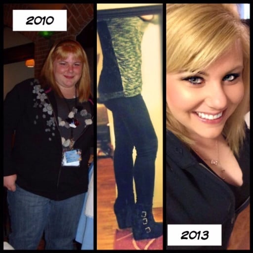 A picture of a 5'2" female showing a weight loss from 303 pounds to 154 pounds. A total loss of 149 pounds.