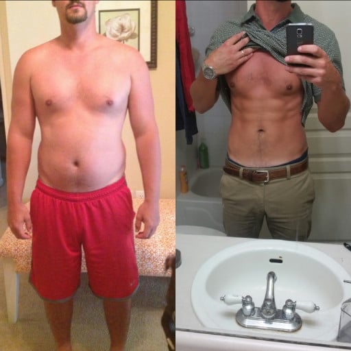 A picture of a 6'0" male showing a weight loss from 220 pounds to 172 pounds. A respectable loss of 48 pounds.