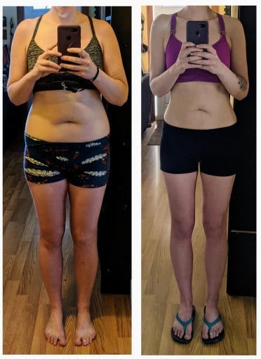 A before and after photo of a 5'6" female showing a weight reduction from 159 pounds to 119 pounds. A net loss of 40 pounds.