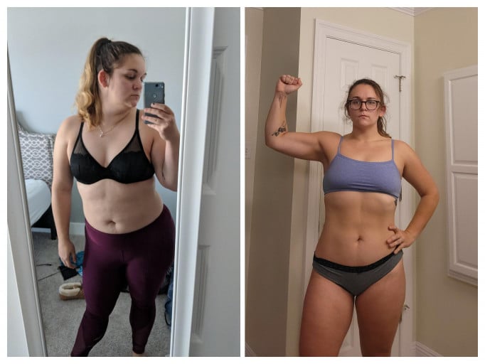A progress pic of a 5'7" woman showing a fat loss from 230 pounds to 185 pounds. A total loss of 45 pounds.