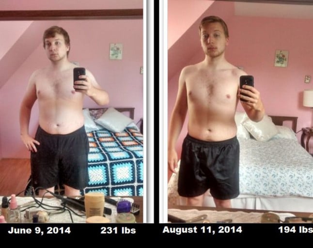 A before and after photo of a 5'10" male showing a weight reduction from 231 pounds to 194 pounds. A net loss of 37 pounds.