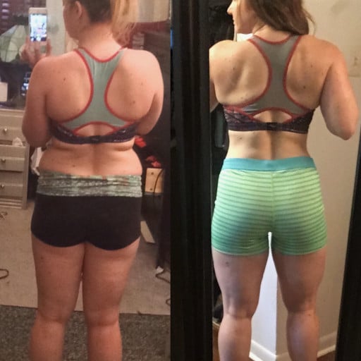 A picture of a 5'3" female showing a weight bulk from 135 pounds to 145 pounds. A total gain of 10 pounds.