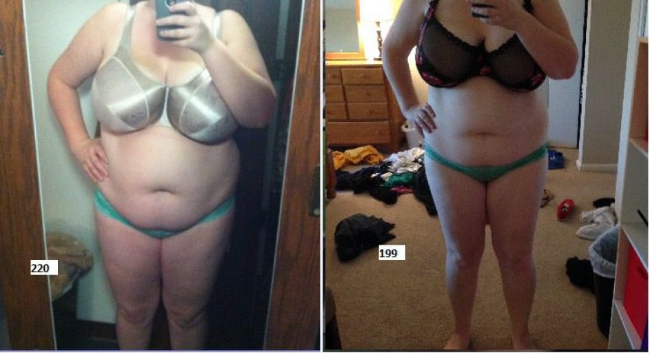 A progress pic of a 5'6" woman showing a fat loss from 220 pounds to 199 pounds. A net loss of 21 pounds.