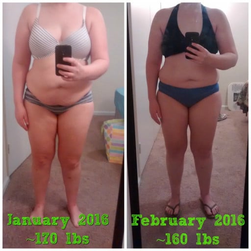 A picture of a 5'3" female showing a fat loss from 170 pounds to 160 pounds. A total loss of 10 pounds.