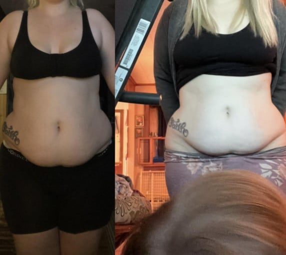 A progress pic of a 5'7" woman showing a fat loss from 212 pounds to 197 pounds. A respectable loss of 15 pounds.