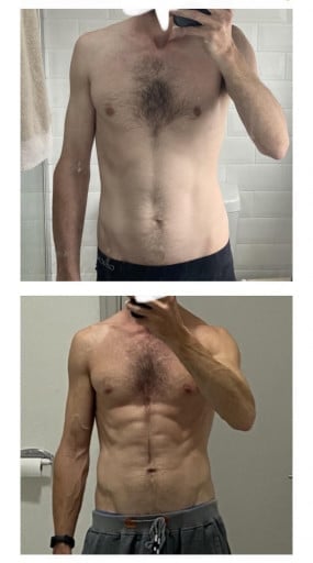 A progress pic of a 5'8" man showing a muscle gain from 119 pounds to 130 pounds. A respectable gain of 11 pounds.