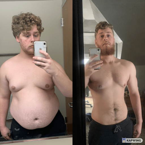 A before and after photo of a 6'3" male showing a weight reduction from 316 pounds to 215 pounds. A total loss of 101 pounds.