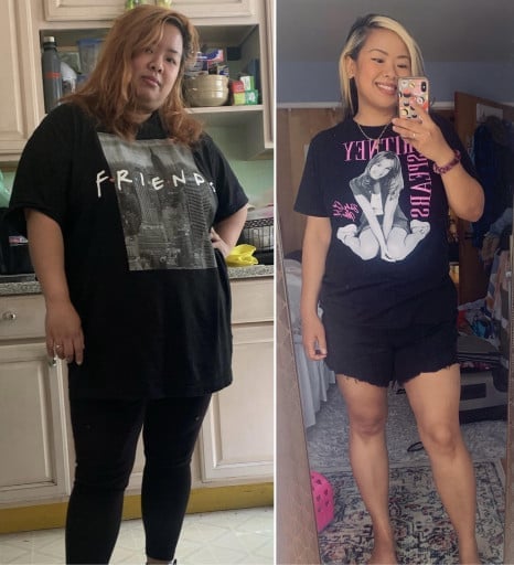 A before and after photo of a 5'2" female showing a weight reduction from 220 pounds to 163 pounds. A net loss of 57 pounds.
