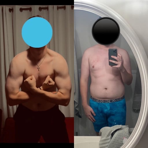 A progress pic of a 6'0" man showing a fat loss from 225 pounds to 175 pounds. A net loss of 50 pounds.