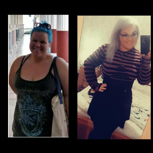 5 feet 6 Female Before and After 65 lbs Fat Loss 240 lbs to 175 lbs