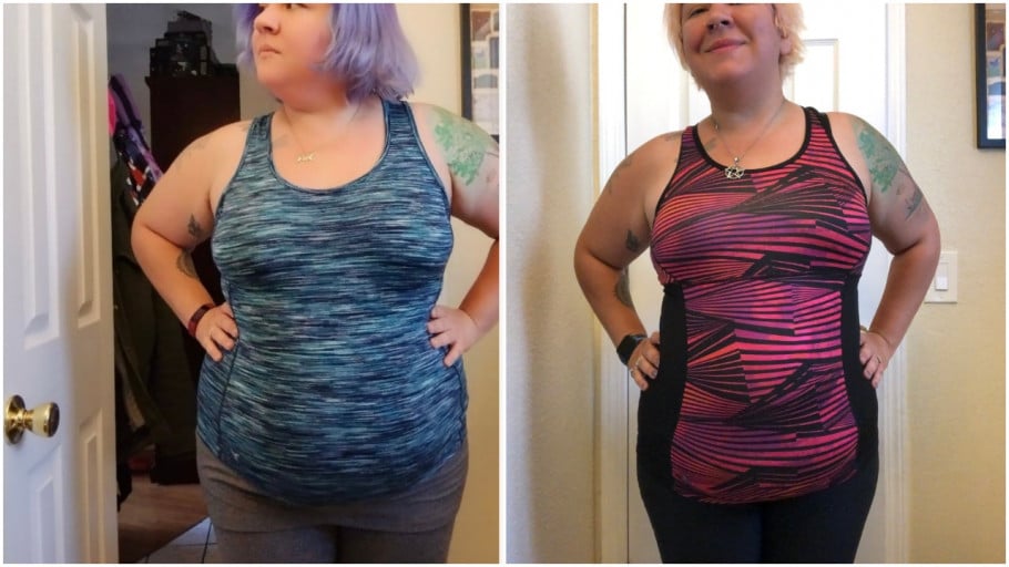 A before and after photo of a 5'0" female showing a weight reduction from 230 pounds to 185 pounds. A total loss of 45 pounds.