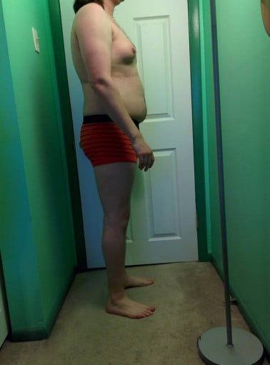 A before and after photo of a 5'11" male showing a snapshot of 215 pounds at a height of 5'11