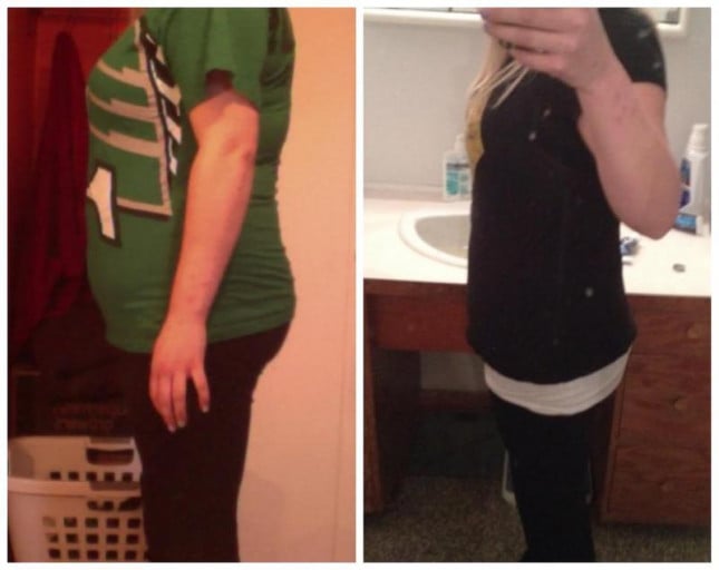 A progress pic of a 5'6" woman showing a fat loss from 201 pounds to 162 pounds. A respectable loss of 39 pounds.