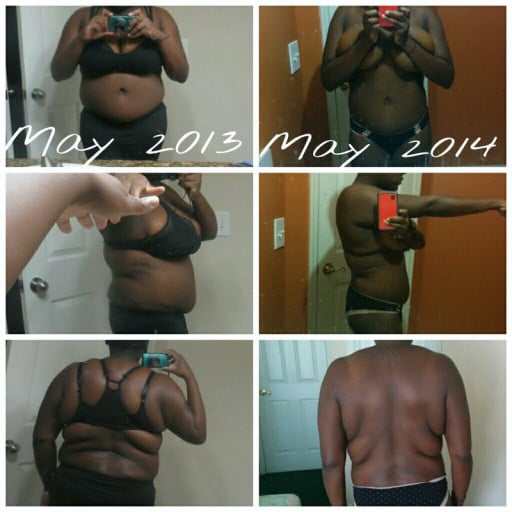 A before and after photo of a 5'4" female showing a weight loss from 210 pounds to 160 pounds. A total loss of 50 pounds.