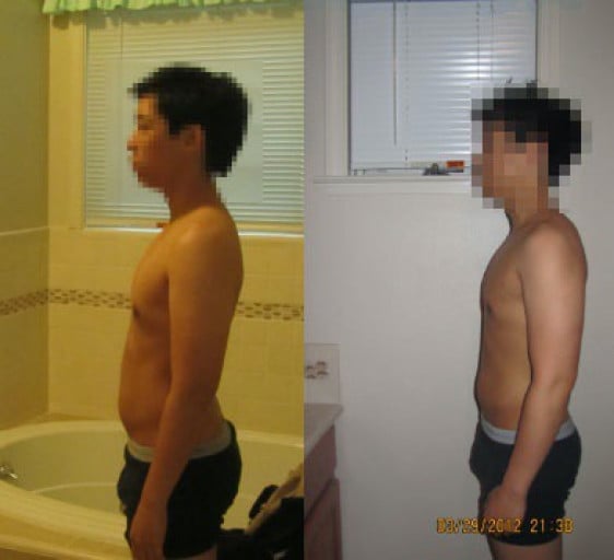 A before and after photo of a 5'7" male showing a snapshot of 142 pounds at a height of 5'7