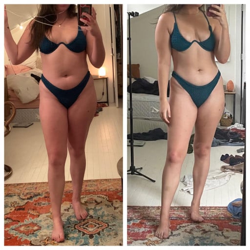 A progress pic of a 5'3" woman showing a fat loss from 154 pounds to 144 pounds. A net loss of 10 pounds.