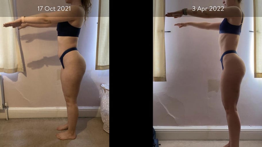 A progress pic of a 5'5" woman showing a fat loss from 141 pounds to 128 pounds. A respectable loss of 13 pounds.