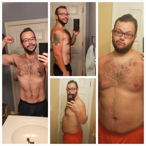A before and after photo of a 6'0" male showing a weight reduction from 265 pounds to 192 pounds. A net loss of 73 pounds.