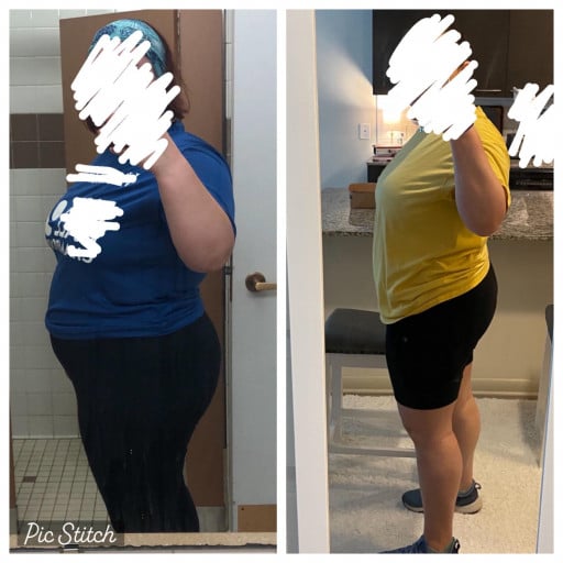 A progress pic of a 5'5" woman showing a fat loss from 280 pounds to 228 pounds. A respectable loss of 52 pounds.