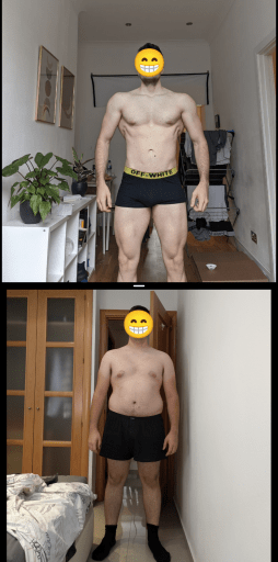 A before and after photo of a 5'11" male showing a weight reduction from 216 pounds to 178 pounds. A total loss of 38 pounds.