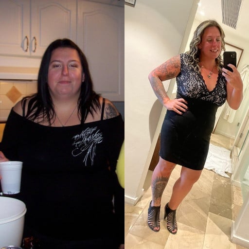 Before and After 55 lbs Fat Loss 5 feet 3 Female 240 lbs to 185 lbs