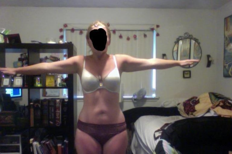 A picture of a 5'2" female showing a fat loss from 184 pounds to 158 pounds. A respectable loss of 26 pounds.