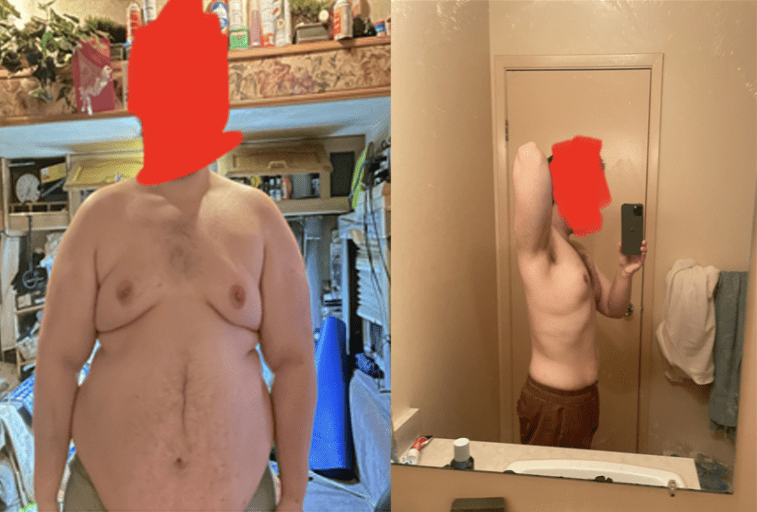 A picture of a 5'6" male showing a weight loss from 280 pounds to 170 pounds. A net loss of 110 pounds.