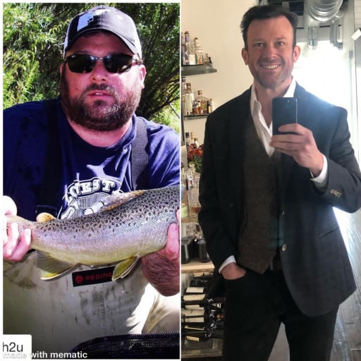 A progress pic of a 6'0" man showing a fat loss from 299 pounds to 171 pounds. A net loss of 128 pounds.