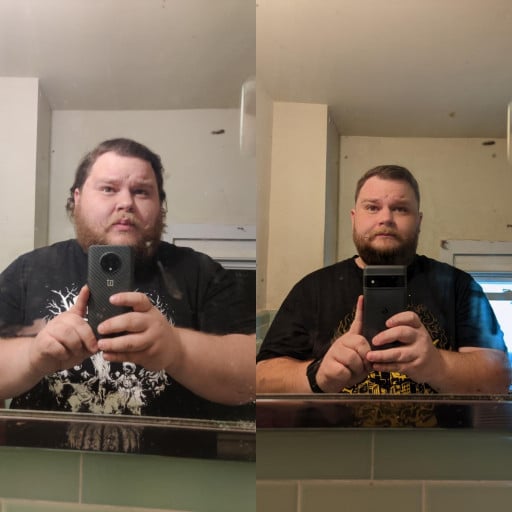 A progress pic of a 5'7" man showing a fat loss from 370 pounds to 299 pounds. A net loss of 71 pounds.