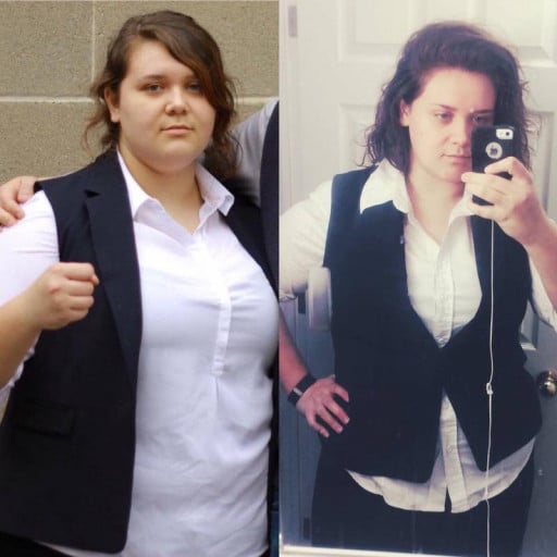 A picture of a 5'9" female showing a weight loss from 312 pounds to 254 pounds. A net loss of 58 pounds.