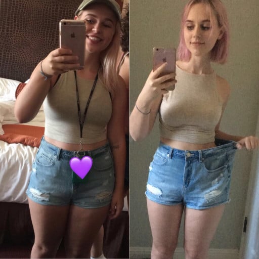 A progress pic of a 5'2" woman showing a fat loss from 140 pounds to 120 pounds. A respectable loss of 20 pounds.