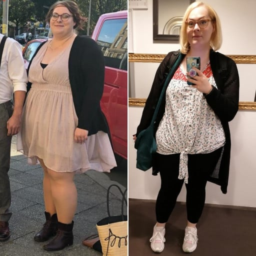 A progress pic of a 5'8" woman showing a fat loss from 330 pounds to 262 pounds. A net loss of 68 pounds.