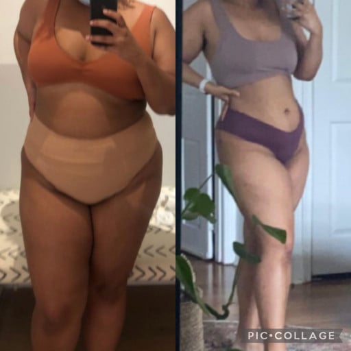 A picture of a 5'3" female showing a weight loss from 223 pounds to 187 pounds. A net loss of 36 pounds.