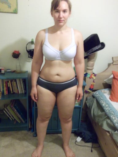 A before and after photo of a 5'5" female showing a snapshot of 173 pounds at a height of 5'5