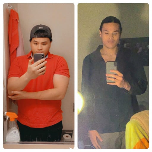 A before and after photo of a 5'9" male showing a weight reduction from 227 pounds to 155 pounds. A respectable loss of 72 pounds.
