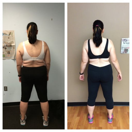 A picture of a 5'8" female showing a fat loss from 212 pounds to 199 pounds. A respectable loss of 13 pounds.