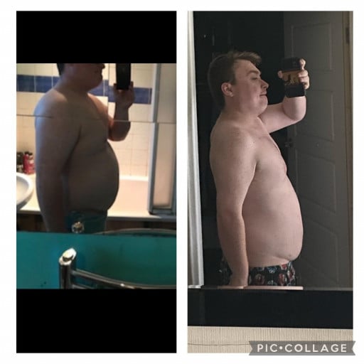 A progress pic of a 5'8" man showing a fat loss from 252 pounds to 218 pounds. A respectable loss of 34 pounds.