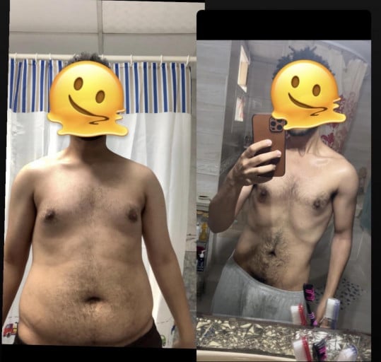 A before and after photo of a 6'1" male showing a weight reduction from 295 pounds to 165 pounds. A respectable loss of 130 pounds.