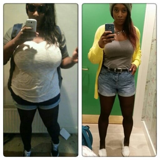 A progress pic of a 5'11" woman showing a fat loss from 274 pounds to 180 pounds. A net loss of 94 pounds.