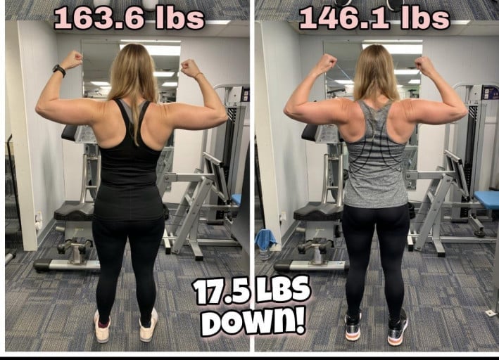 A progress pic of a 5'7" woman showing a fat loss from 163 pounds to 146 pounds. A net loss of 17 pounds.