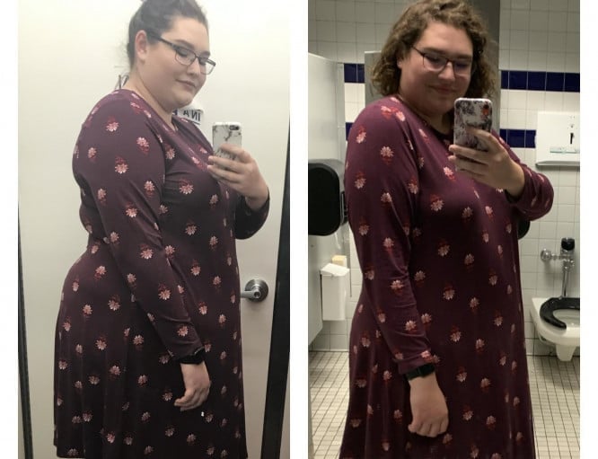 A picture of a 5'9" female showing a weight loss from 330 pounds to 267 pounds. A total loss of 63 pounds.