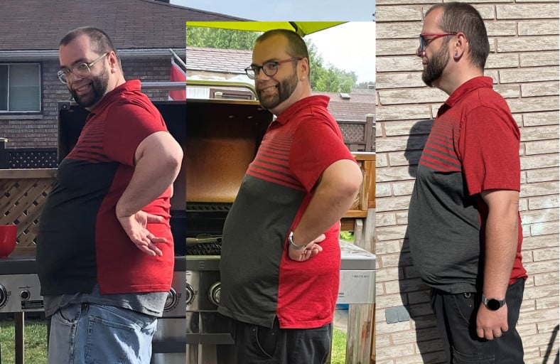A progress pic of a 5'10" man showing a fat loss from 299 pounds to 244 pounds. A net loss of 55 pounds.