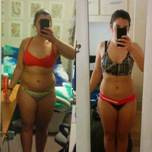 A picture of a 5'4" female showing a fat loss from 183 pounds to 153 pounds. A total loss of 30 pounds.