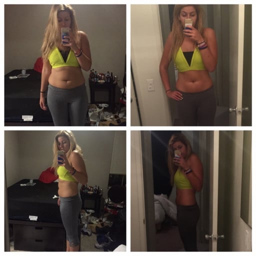 A photo of a 5'11" woman showing a weight cut from 208 pounds to 178 pounds. A total loss of 30 pounds.