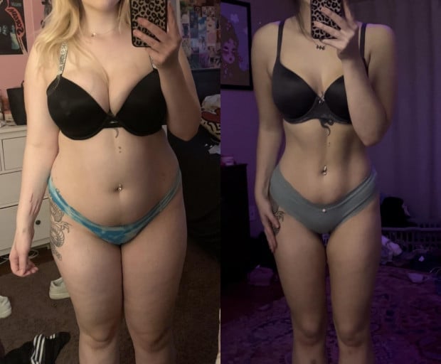 Before and After 69 lbs Fat Loss 5 foot 8 Female 216 lbs to 147 lbs